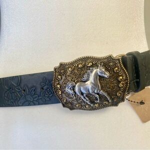 NWT Horse equestrian black belt polo-style silver gold Horse buckle cowboy boho